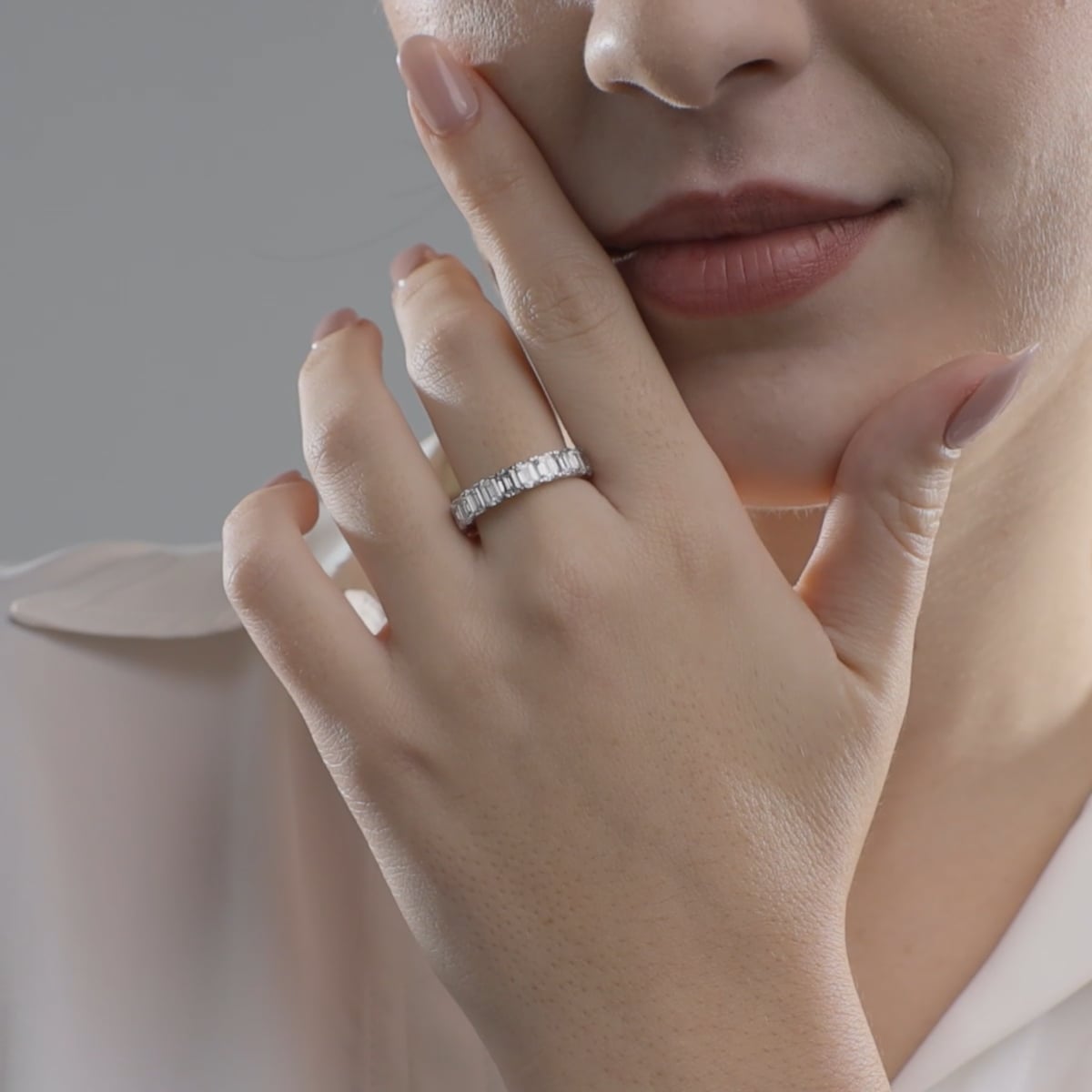Refined Radiant Cut Lab Grown Diamond V Prong Eternity Band in Solid Gold