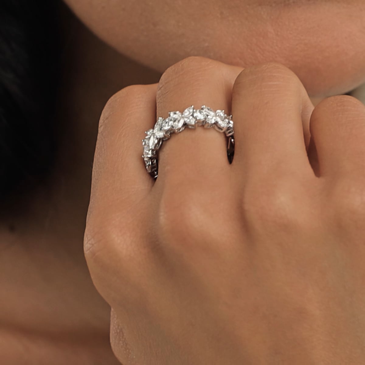 Floral Marquise & Round Lab Grown Diamond Eternity Band Ring in Solid Gold