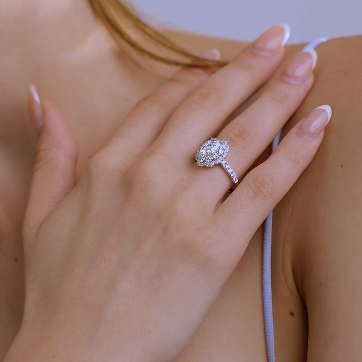 Celestique Oval Lab Grown Diamond Double Scalloped Halo Engagement Ring