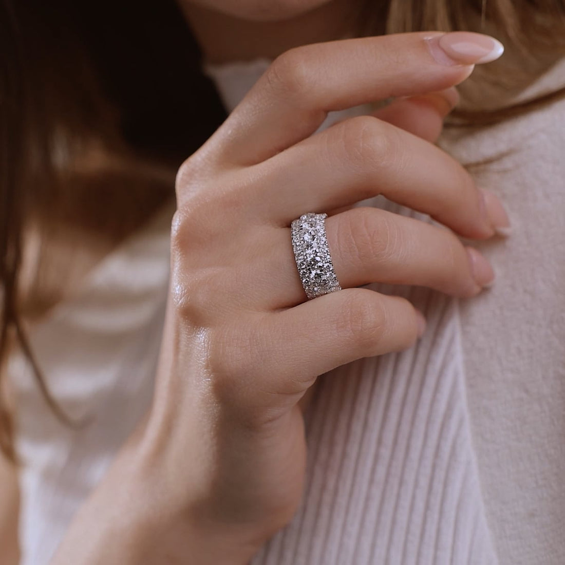 Round Lab Grown Diamond Triple Row Pave Band Ring in Solid Gold