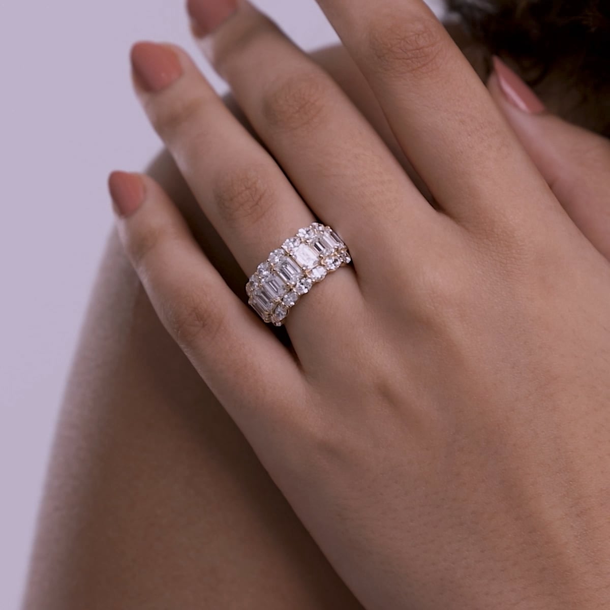 Emerald and Oval Lab Grown Diamond Three Row Wide Band Ring