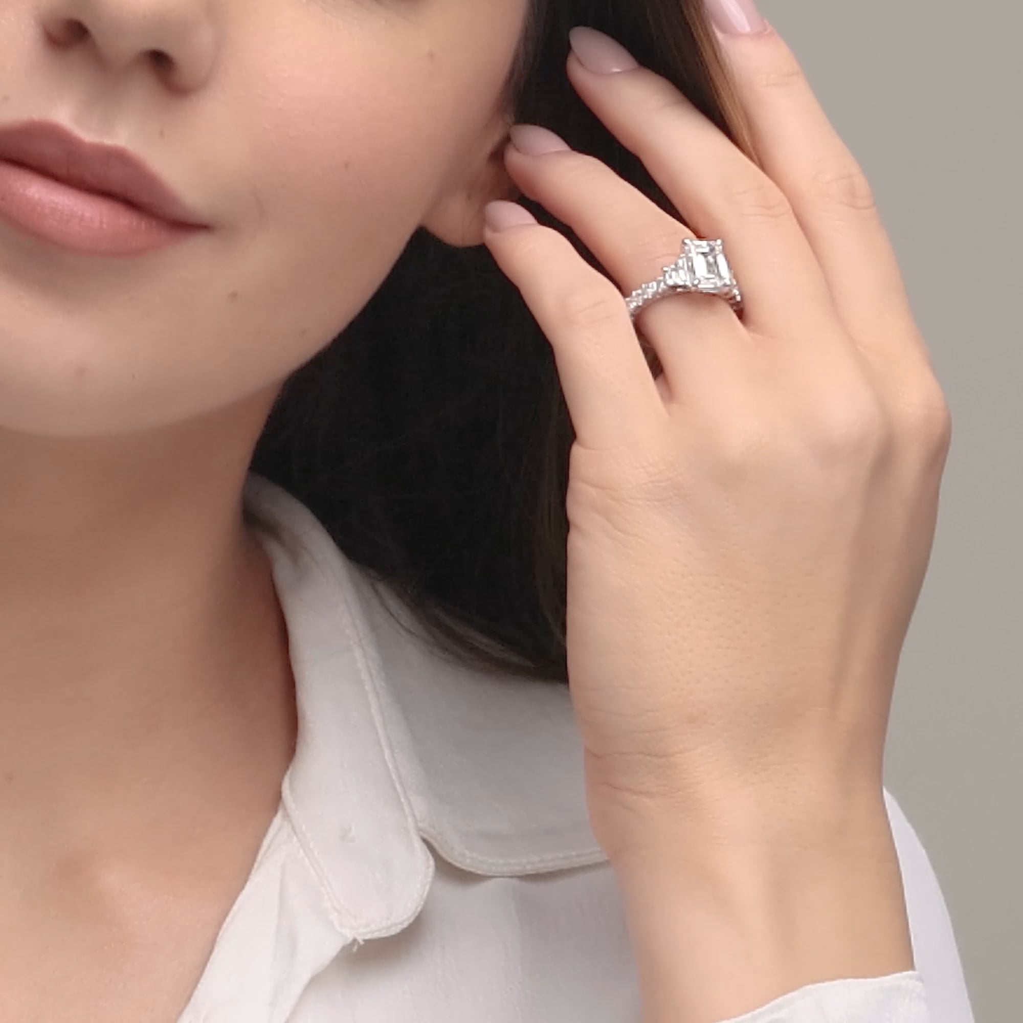 Emerald Cut Lab Diamond Bridal Set  Trapezoid Side Stones & Eternity Band