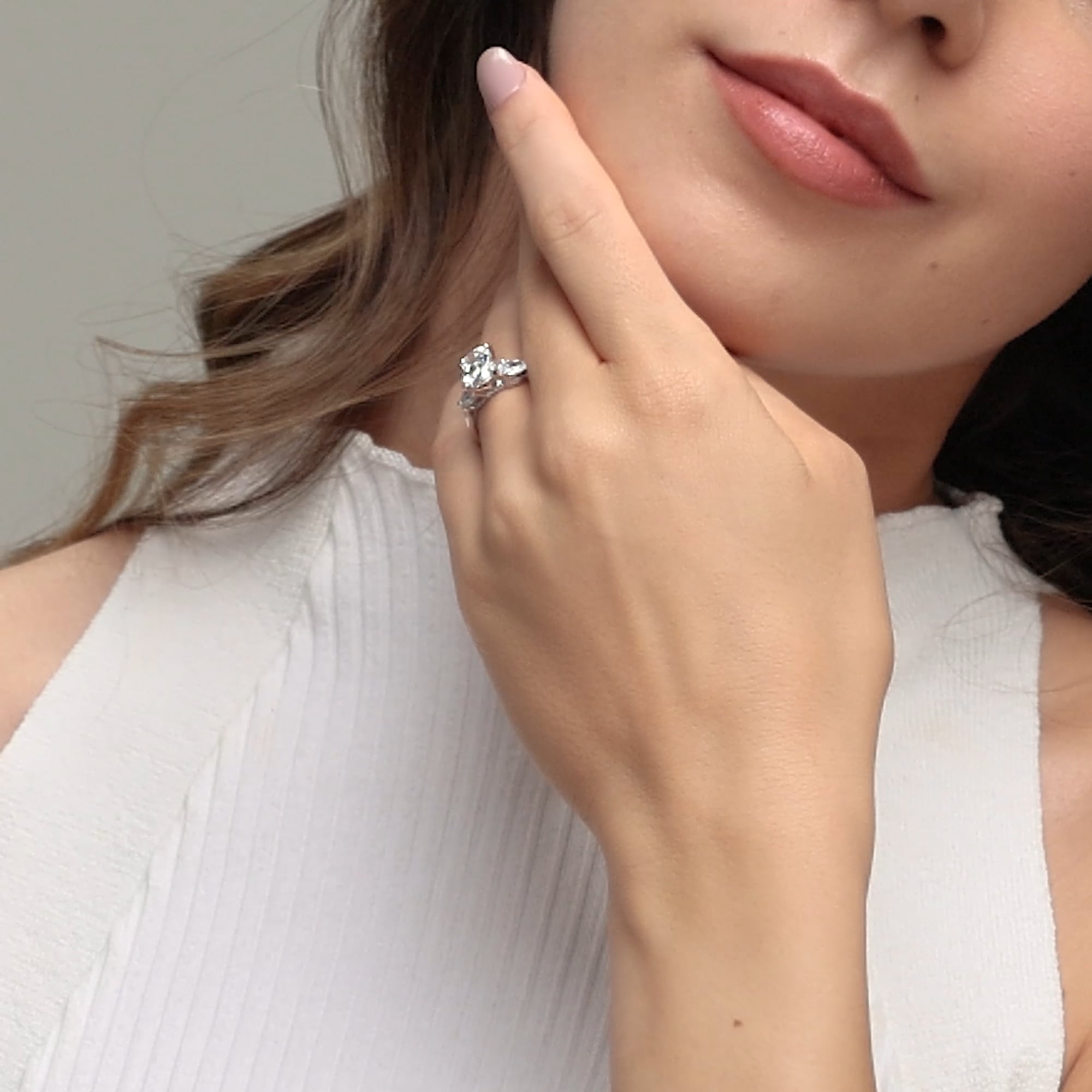 Oval Three Stone Lab-Grown Diamond Engagement Ring with Pear Side Stones