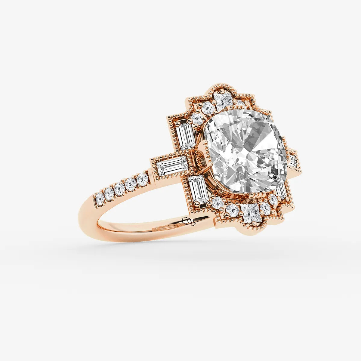 Heritagea Old Mine Cut Lab-Grown Diamond Vintage Side Stone Engagement Ring