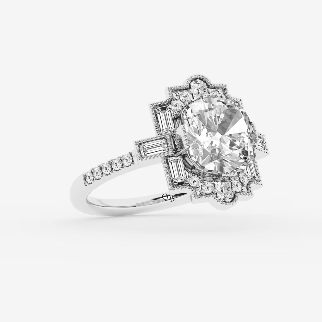 Heritagea Old Mine Cut Lab-Grown Diamond Vintage Side Stone Engagement Ring