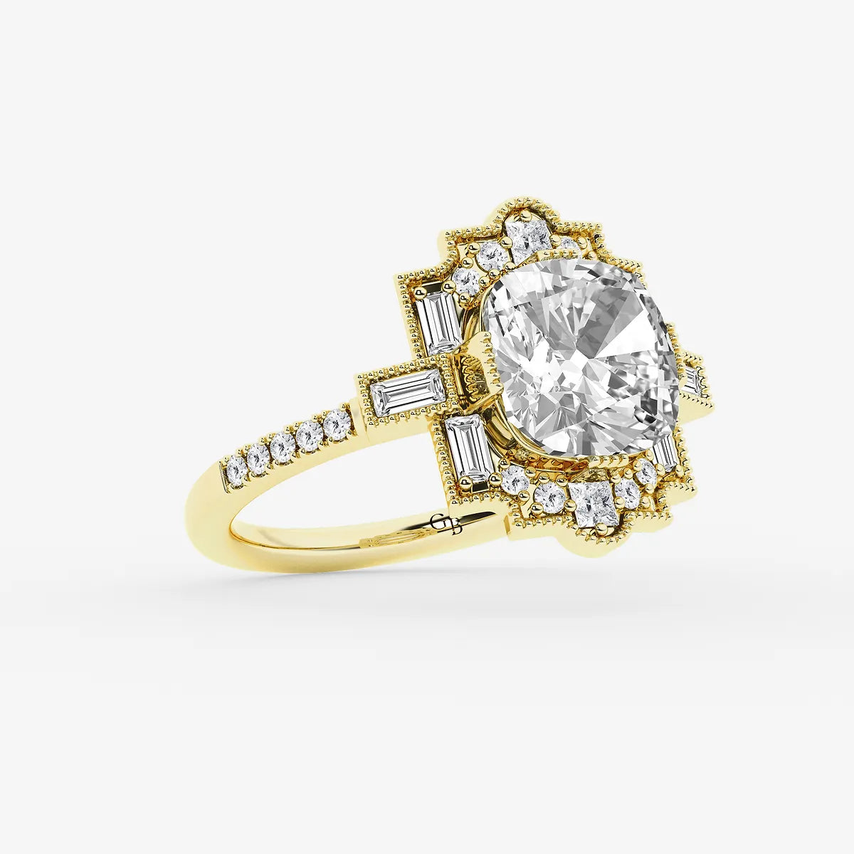 Heritagea Old Mine Cut Lab-Grown Diamond Vintage Side Stone Engagement Ring