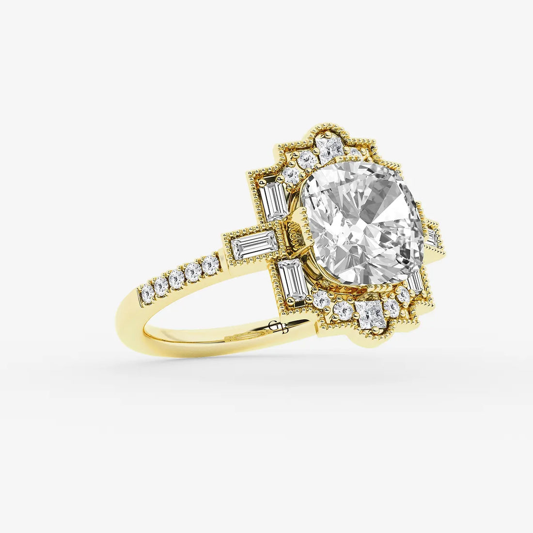 Heritagea Old Mine Cut Lab-Grown Diamond Vintage Side Stone Engagement Ring