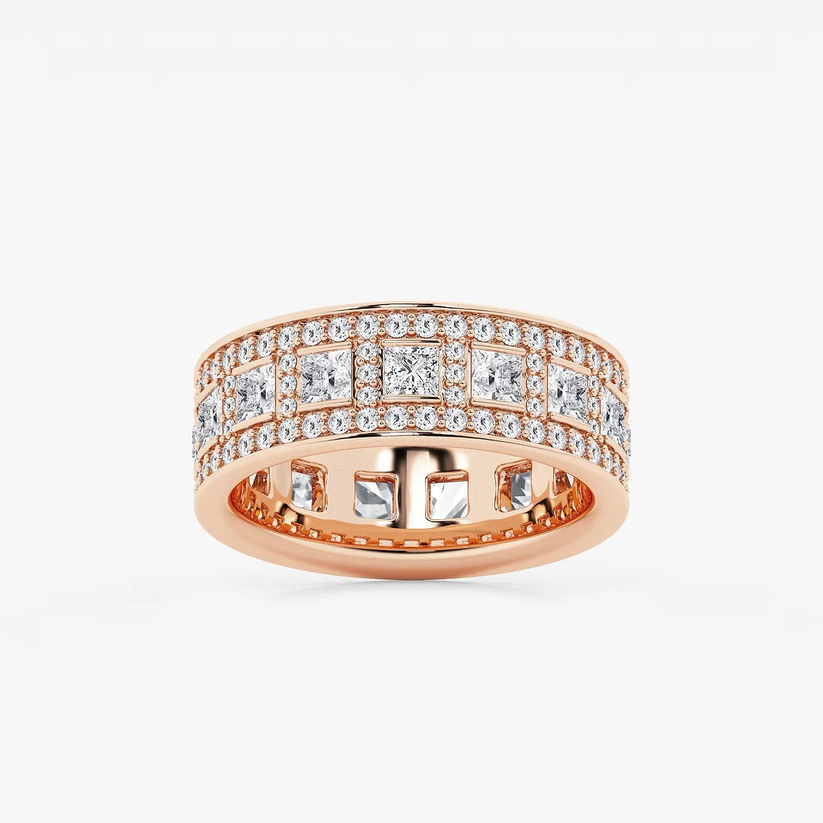 Wide Princess & Round Lab Grown Diamond Channel Set Eternity Band in Solid Gold