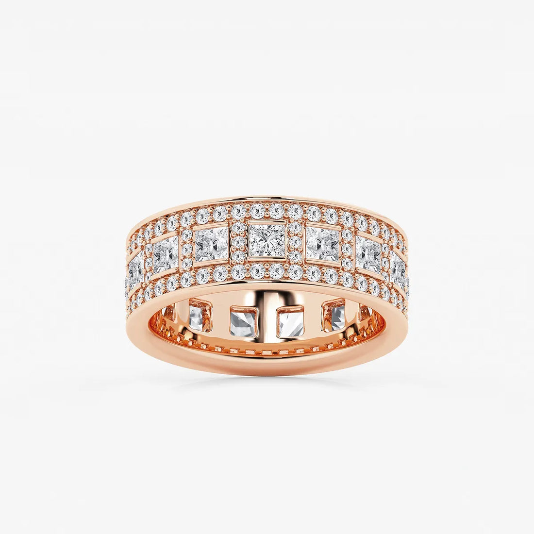Wide Princess & Round Lab Grown Diamond Channel Set Eternity Band in Solid Gold