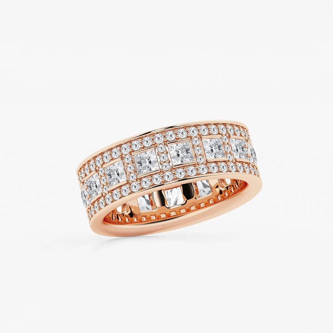 Wide Princess & Round Lab Grown Diamond Channel Set Eternity Band in Solid Gold