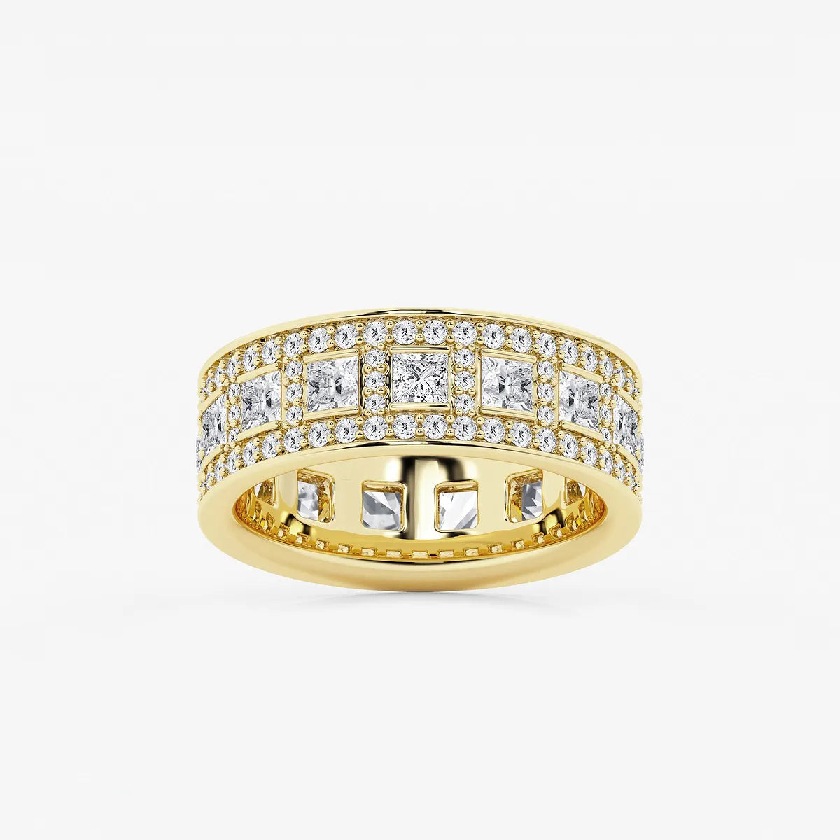 Wide Princess & Round Lab Grown Diamond Channel Set Eternity Band in Solid Gold