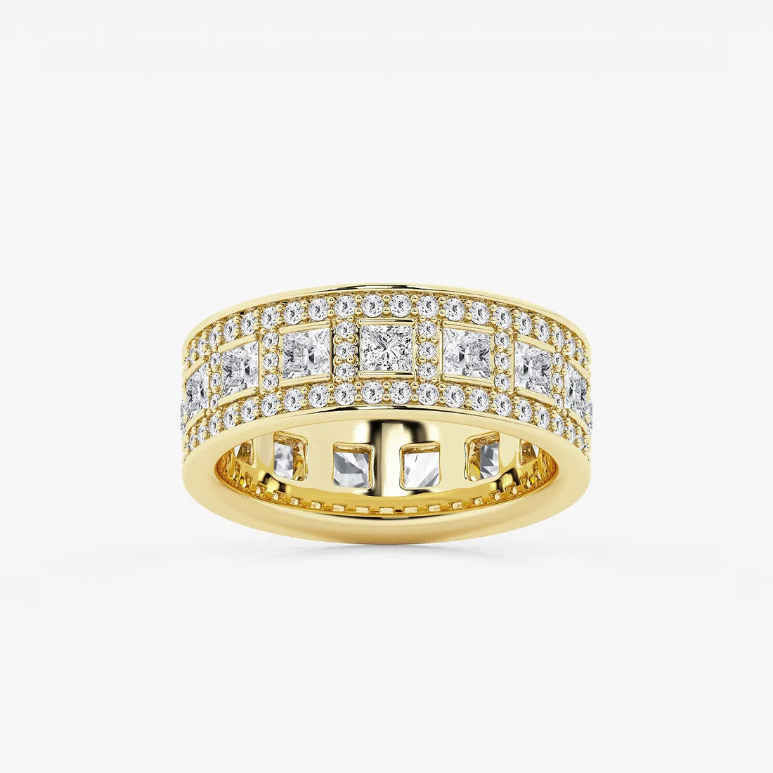 Wide Princess & Round Lab Grown Diamond Channel Set Eternity Band in Solid Gold