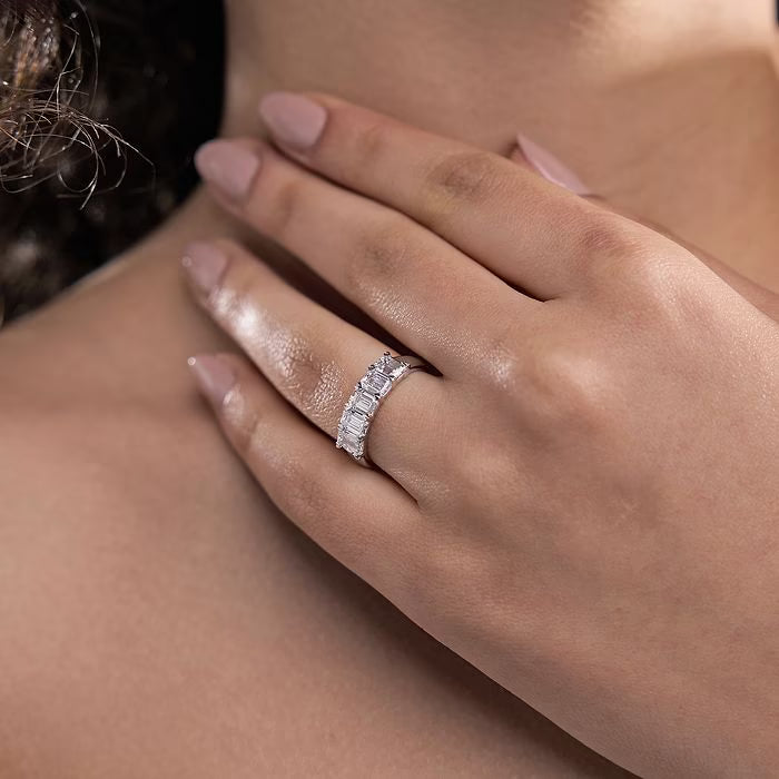 Elegant Emerald Cut Lab Grown Diamond Five Stone Anniversary Band in Solid Gold