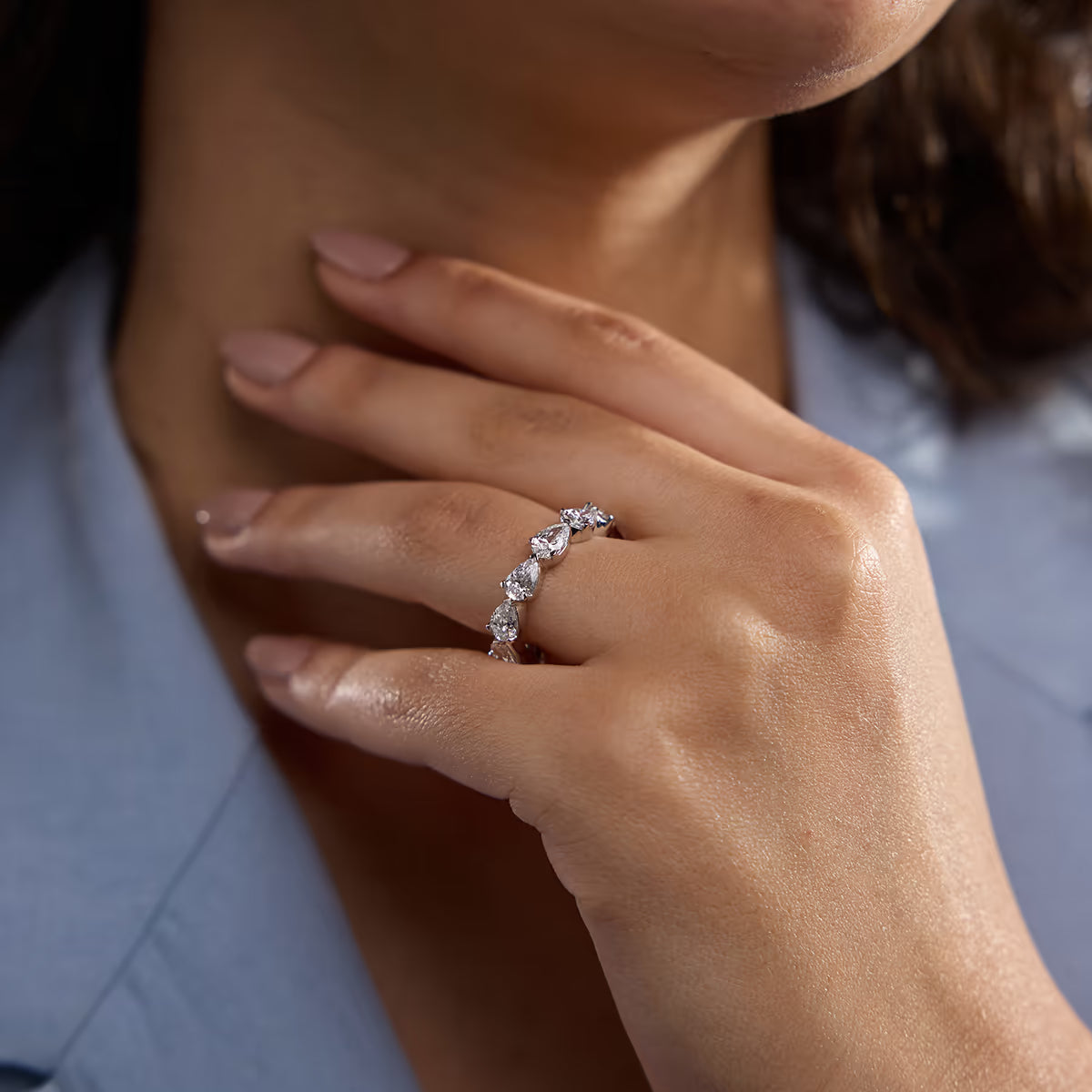 East West Floating Pear Lab Grown Diamond Eternity Band in Solid Gold