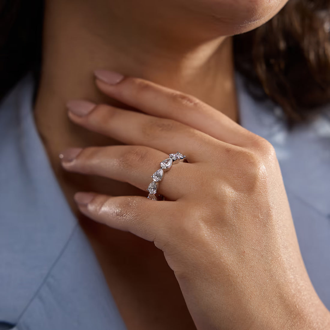 East West Floating Pear Lab Grown Diamond Eternity Band in Solid Gold