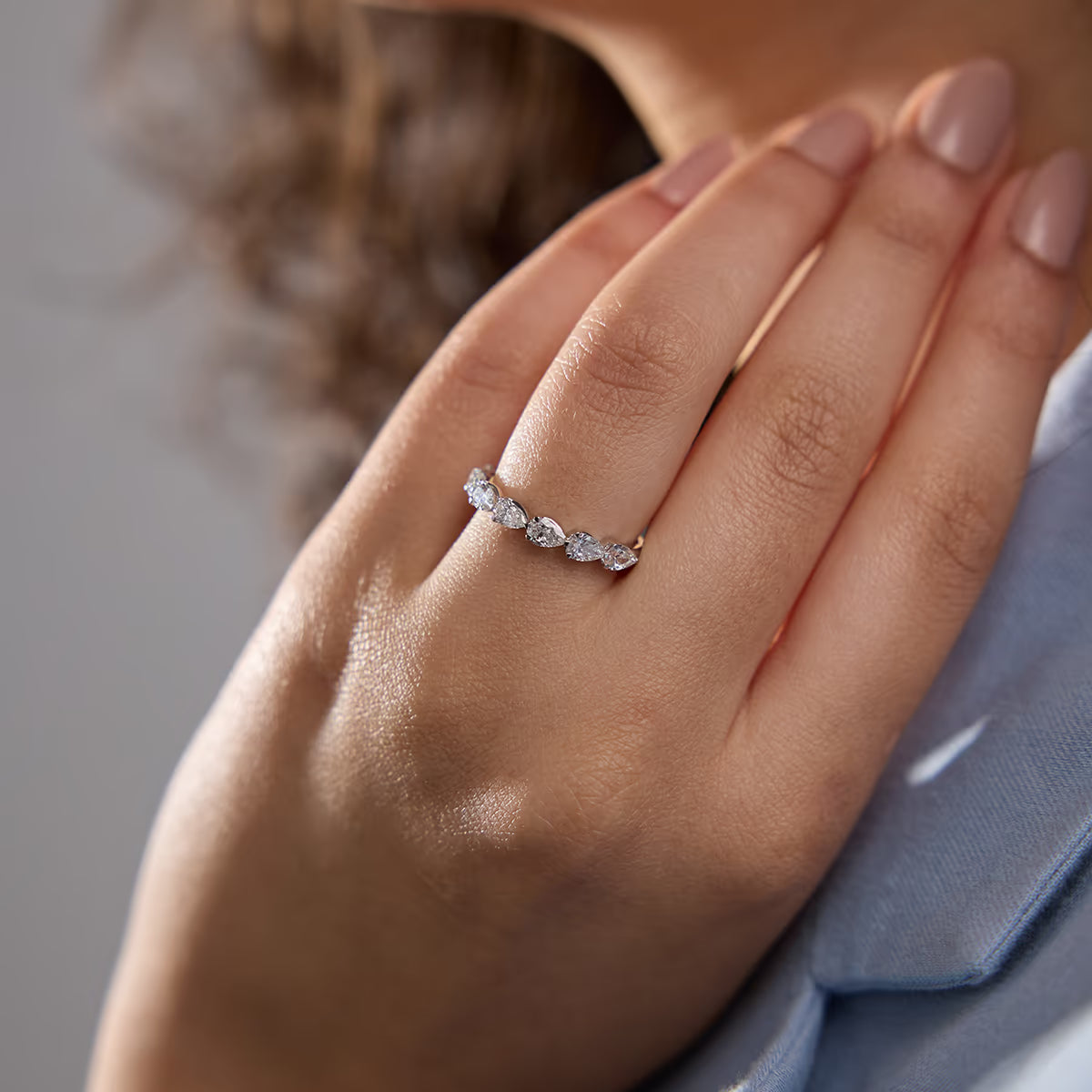 Pear Shape Lab Grown Diamond East West Floating Anniversary Band