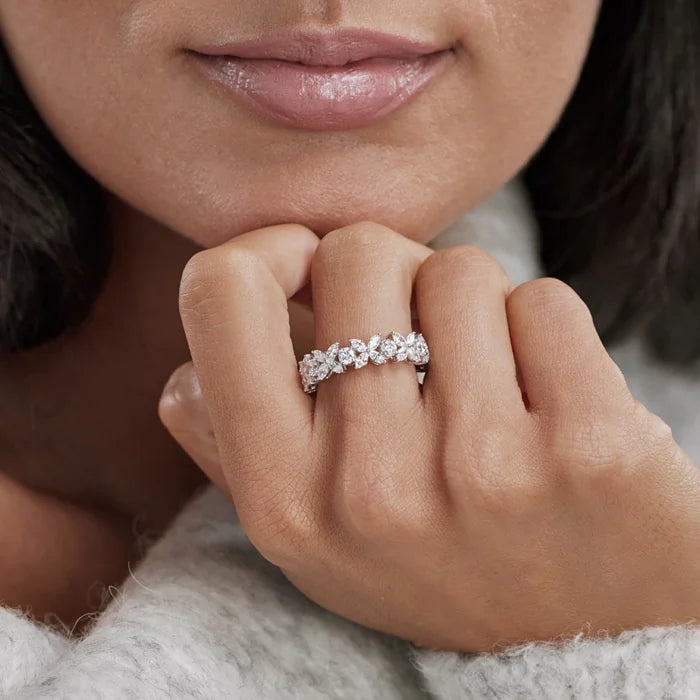 Floral Marquise & Round Lab Grown Diamond Eternity Band Ring in Solid Gold