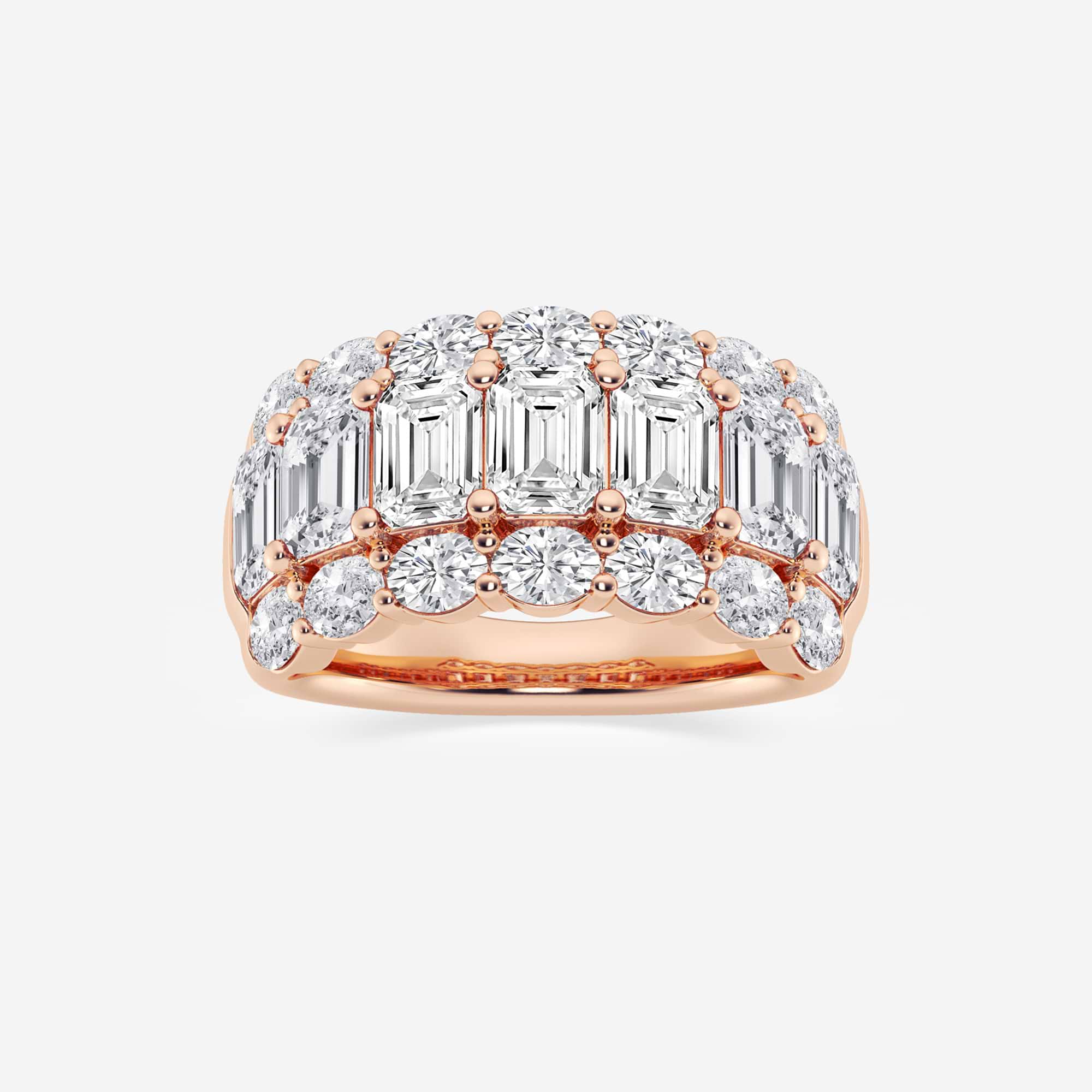 Emerald and Oval Lab Grown Diamond Three Row Wide Band Ring