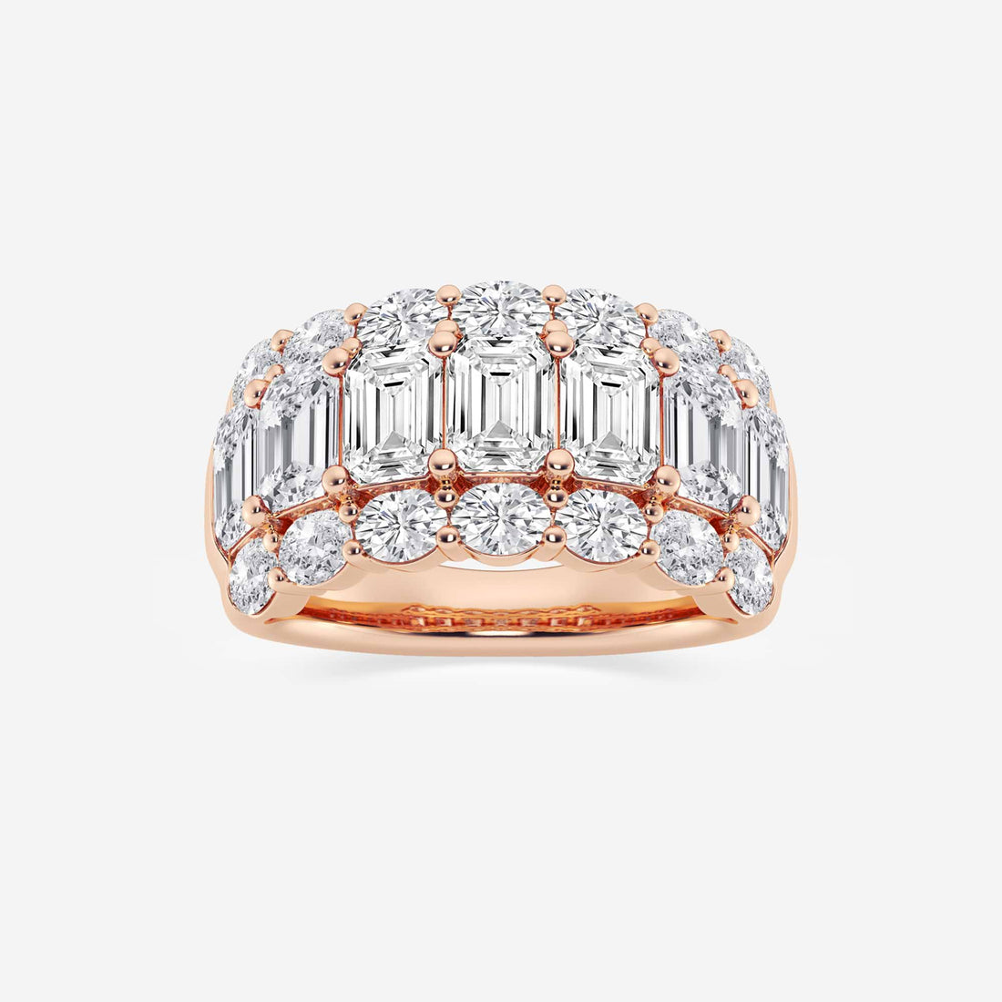 Emerald and Oval Lab Grown Diamond Three Row Wide Band Ring