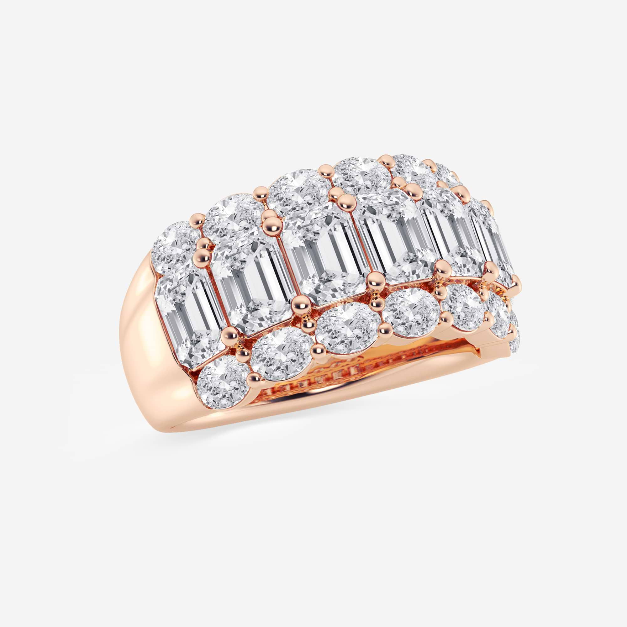 Emerald and Oval Lab Grown Diamond Three Row Wide Band Ring