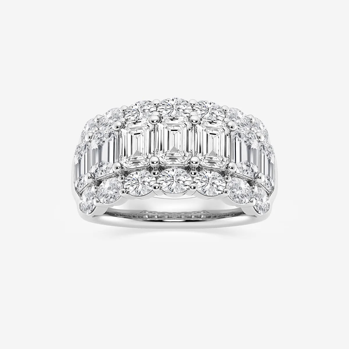 Emerald and Oval Lab Grown Diamond Three Row Wide Band Ring