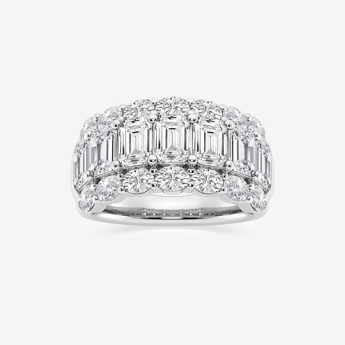 Emerald and Oval Lab Grown Diamond Three Row Wide Band Ring