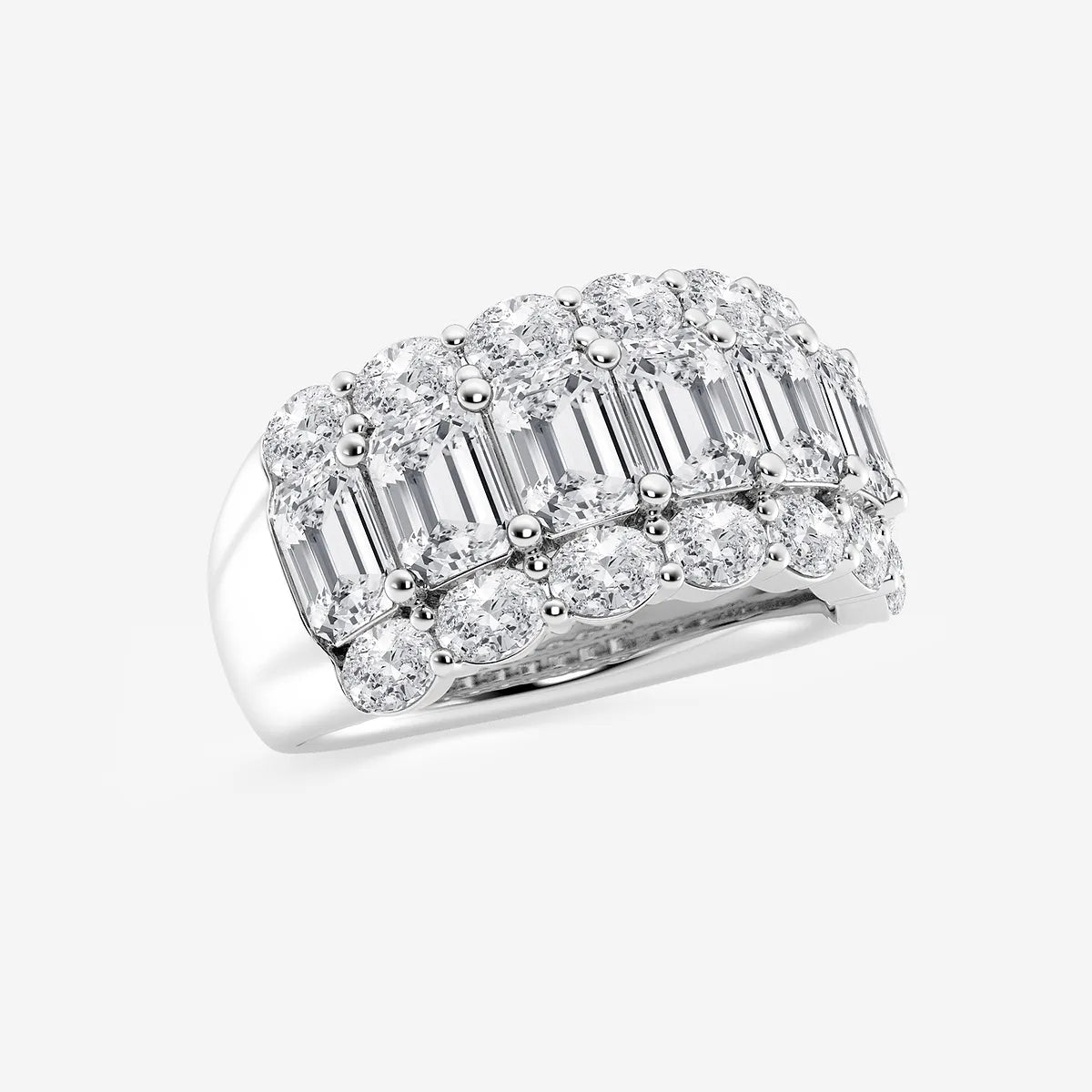 Emerald and Oval Lab Grown Diamond Three Row Wide Band Ring