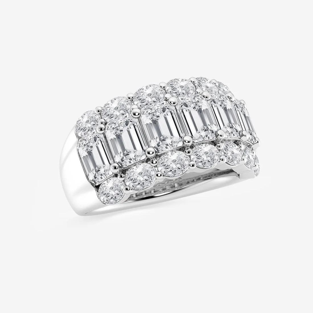 Emerald and Oval Lab Grown Diamond Three Row Wide Band Ring