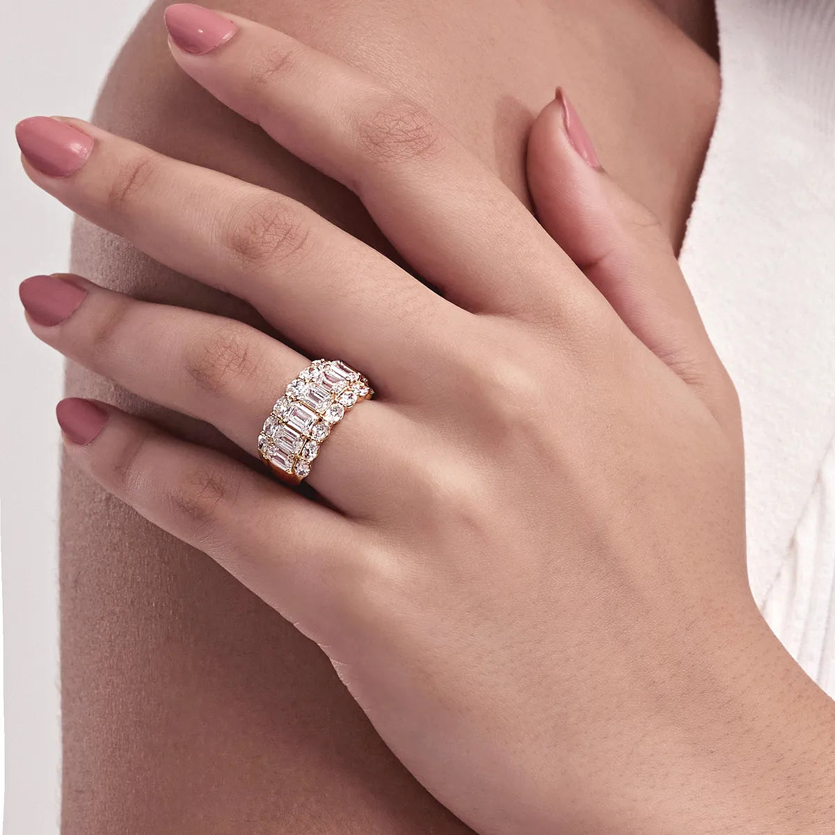 Emerald and Oval Lab Grown Diamond Three Row Wide Band Ring