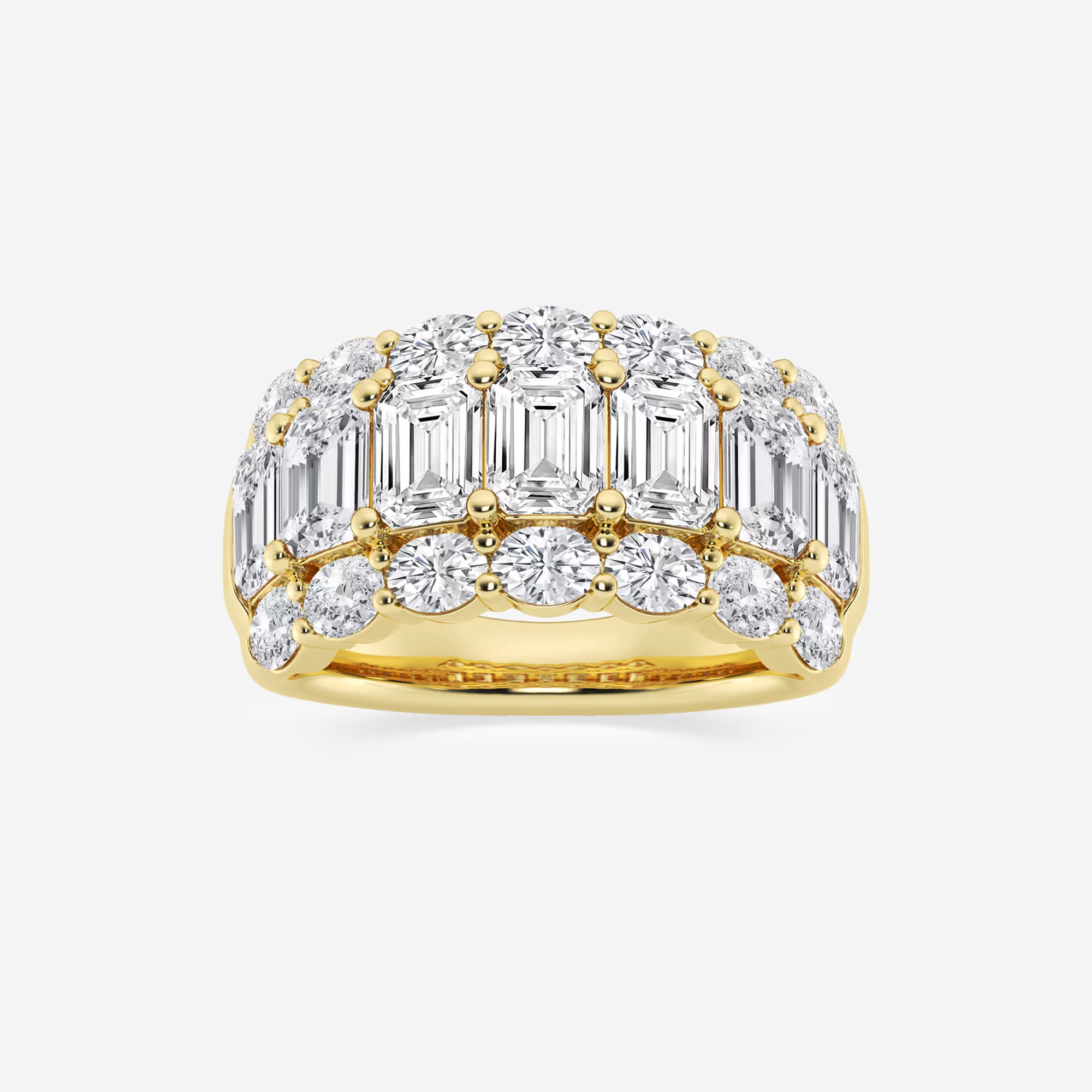 Emerald and Oval Lab Grown Diamond Three Row Wide Band Ring