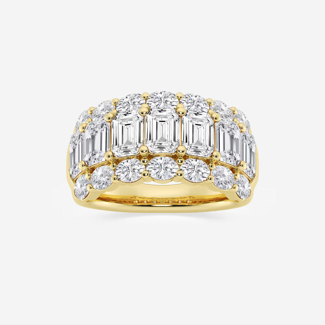 Emerald and Oval Lab Grown Diamond Three Row Wide Band Ring