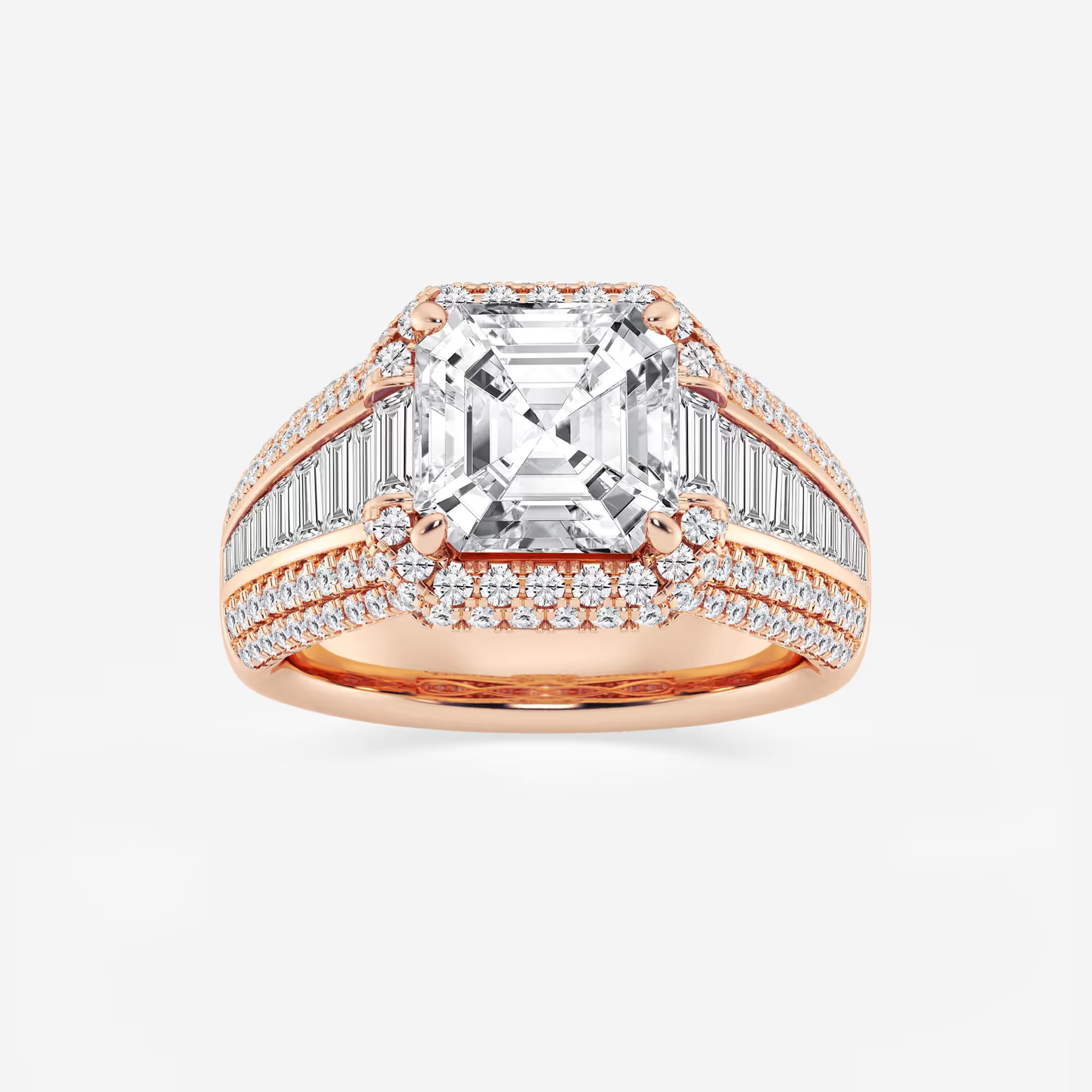Asscher Lab Grown Diamond Solitaire Engagement Ring with Round & Baguette Side Accents