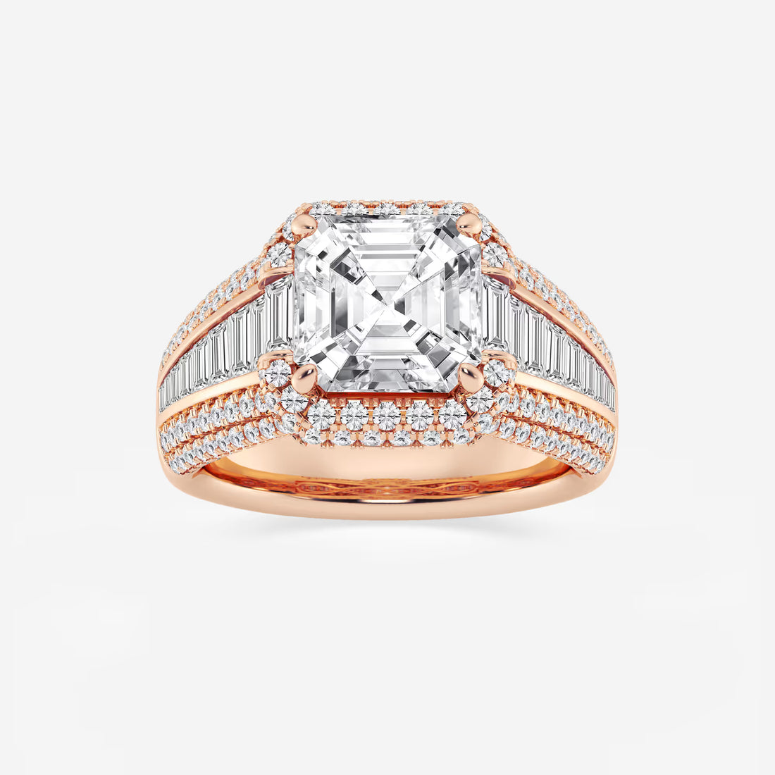 Asscher Lab Grown Diamond Solitaire Engagement Ring with Round & Baguette Side Accents