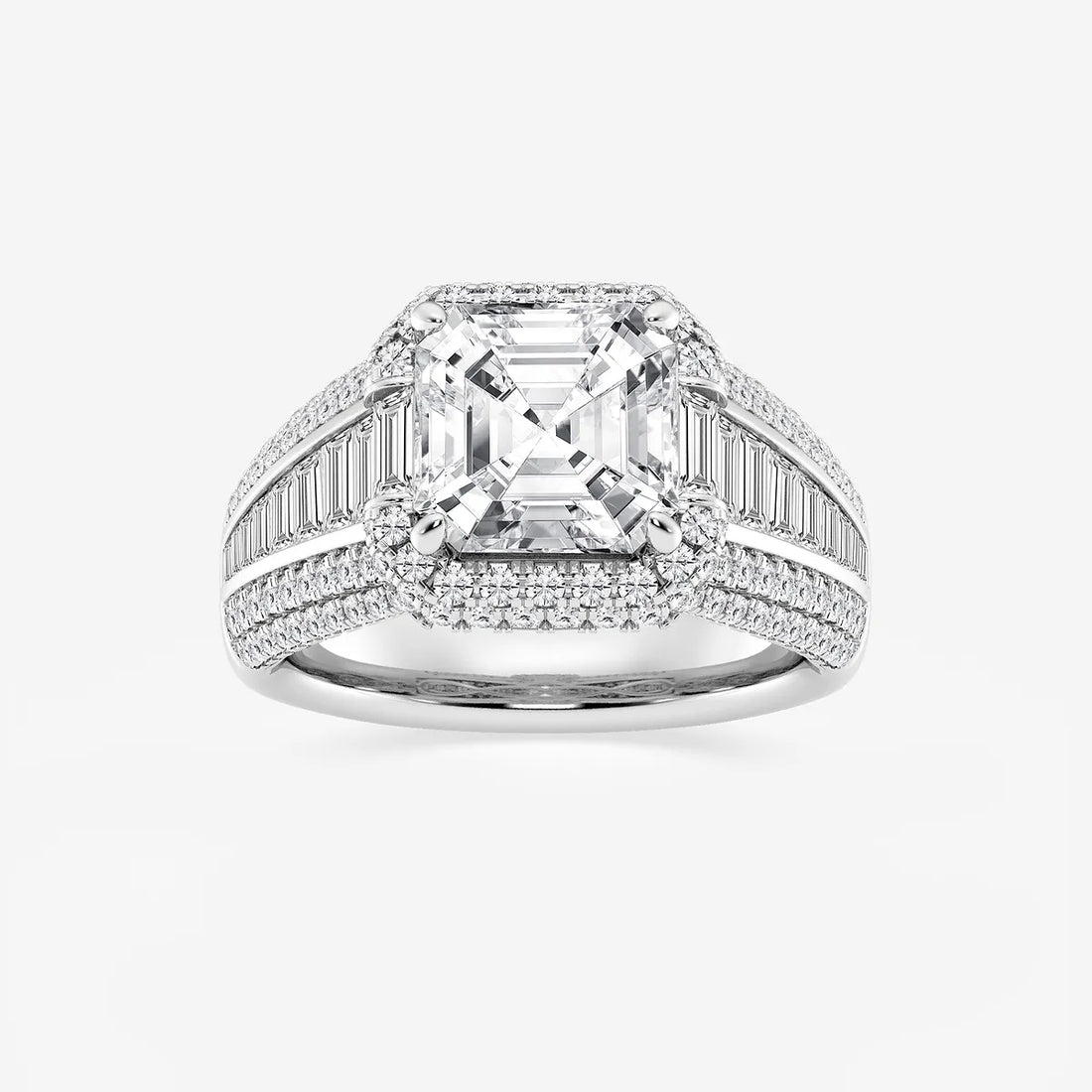 Asscher Lab Grown Diamond Solitaire Engagement Ring with Round & Baguette Side Accents