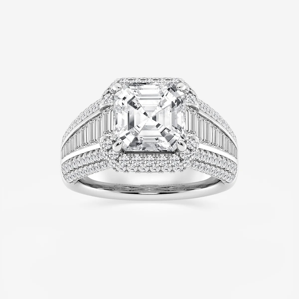 Asscher Lab Grown Diamond Solitaire Engagement Ring with Round & Baguette Side Accents