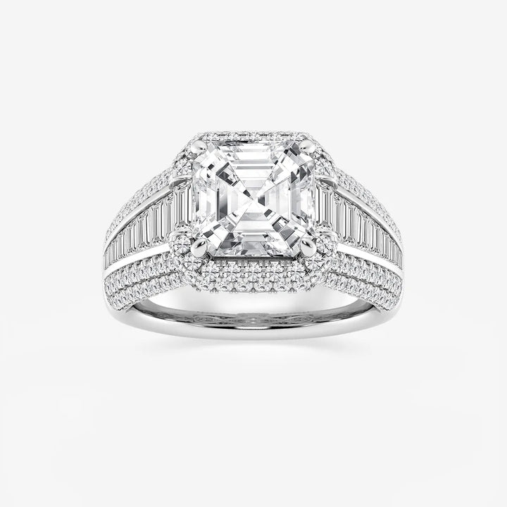 Asscher Lab Grown Diamond Solitaire Engagement Ring with Round & Baguette Side Accents