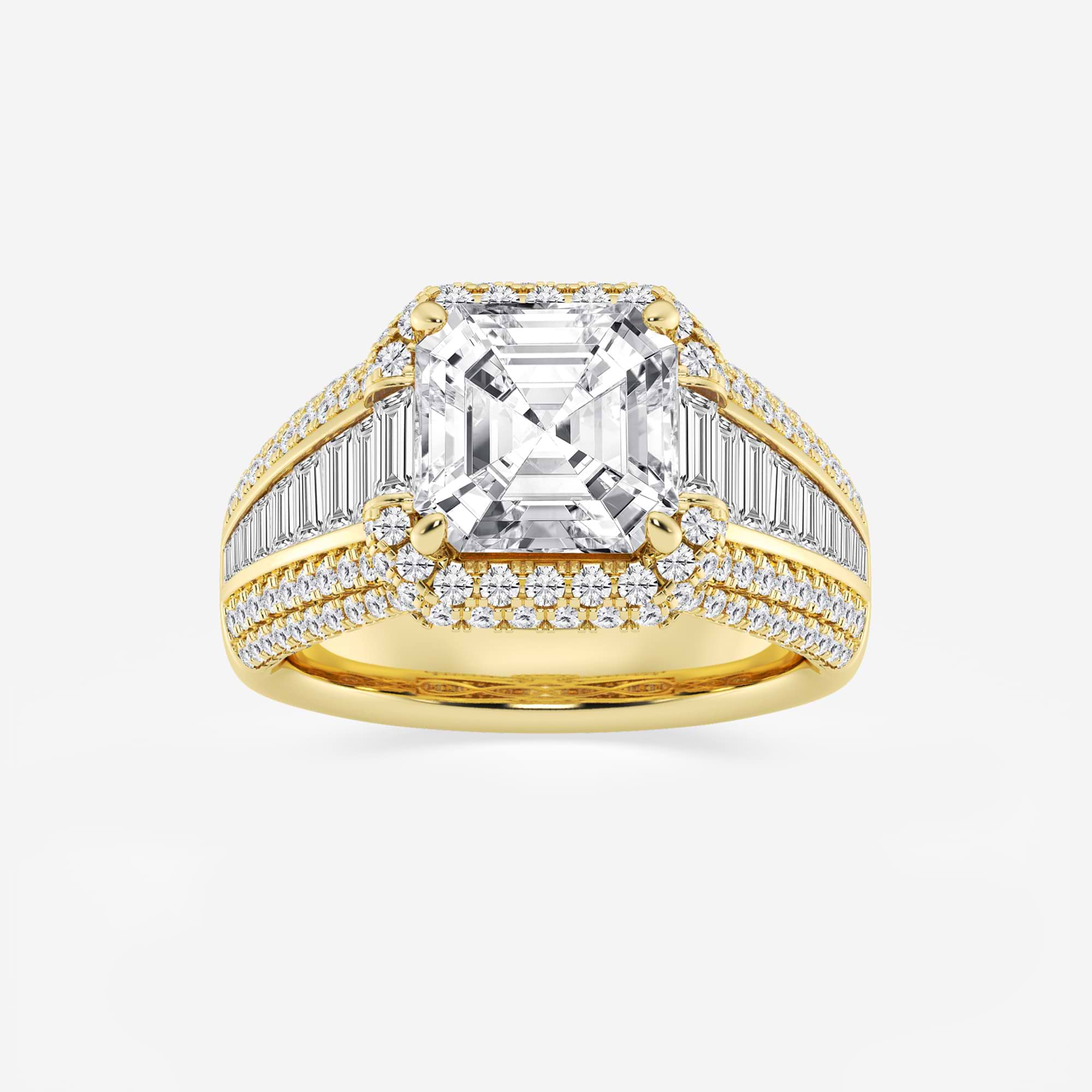 Asscher Lab Grown Diamond Solitaire Engagement Ring with Round & Baguette Side Accents