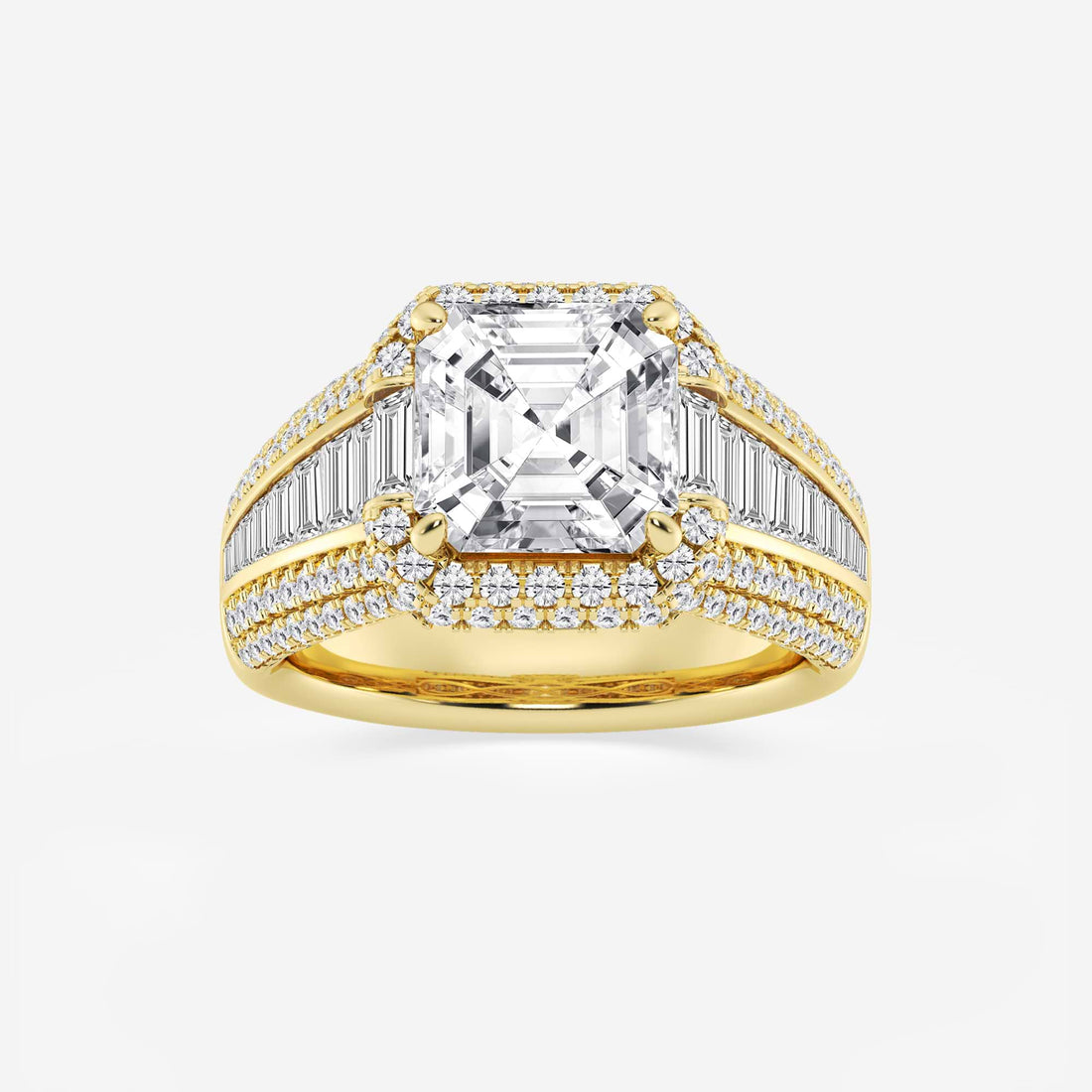 Asscher Lab Grown Diamond Solitaire Engagement Ring with Round & Baguette Side Accents