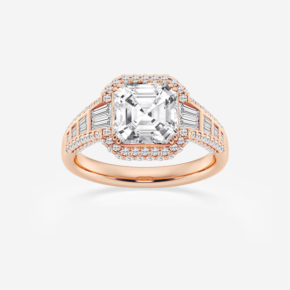 Asscher Lab Grown Diamond Halo Engagement Ring with Round & Baguette Accents