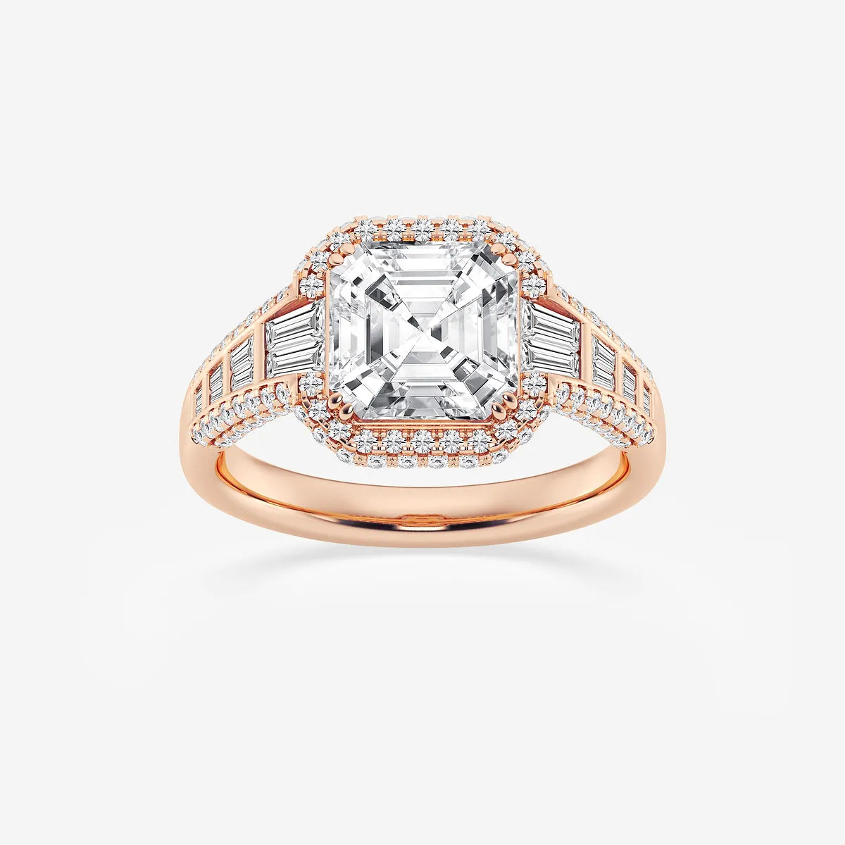 Asscher Lab Grown Diamond Halo Engagement Ring with Round & Baguette Accents