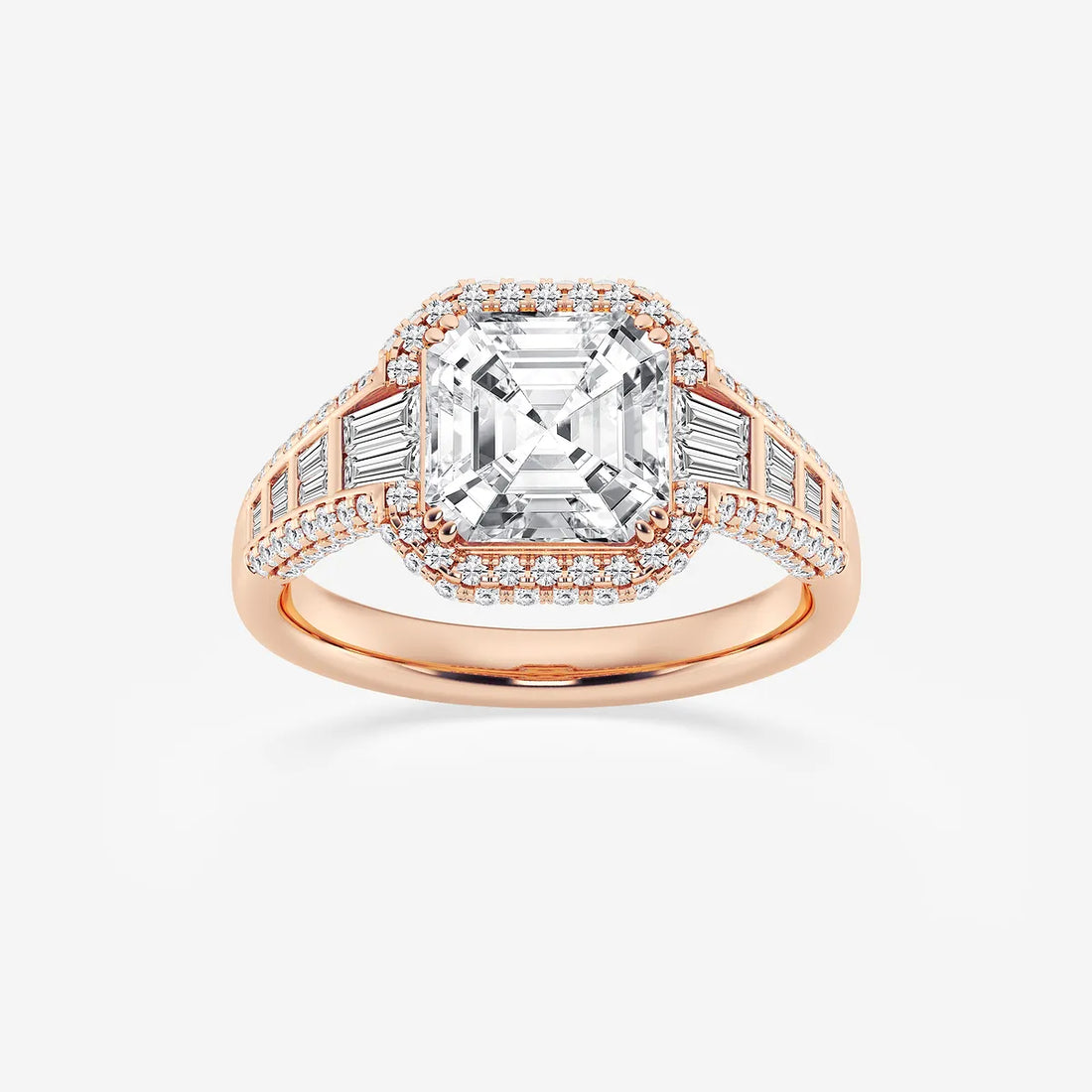 Asscher Lab Grown Diamond Halo Engagement Ring with Round & Baguette Accents