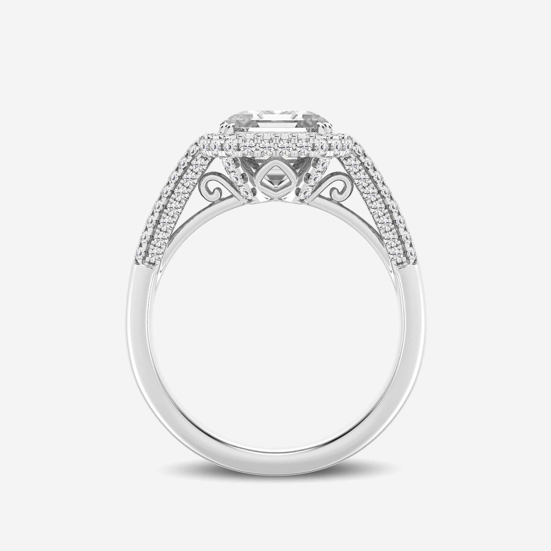 Asscher Lab Grown Diamond Halo Engagement Ring with Round & Baguette Accents