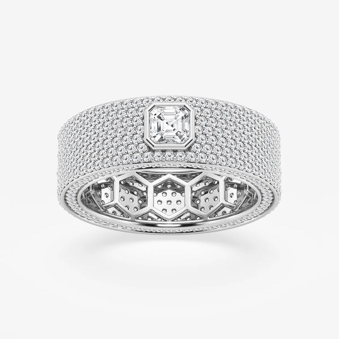Modern Asscher Lab Grown Diamond Bezel Set Eternity Band in Yellow Gold