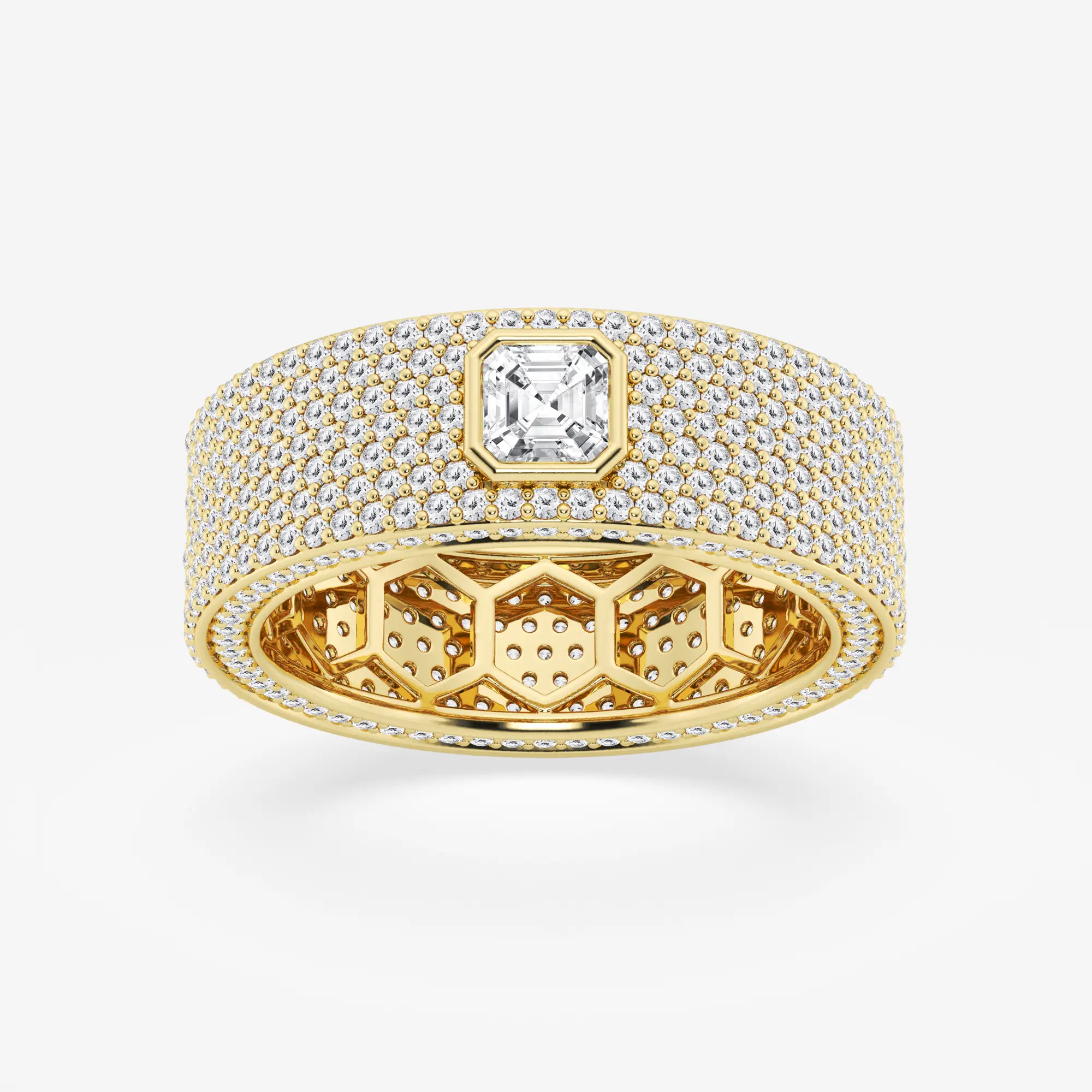Modern Asscher Lab Grown Diamond Bezel Set Eternity Band in Yellow Gold