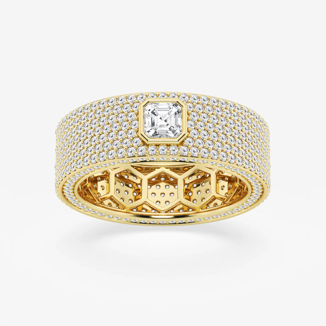 Modern Asscher Lab Grown Diamond Bezel Set Eternity Band in Yellow Gold