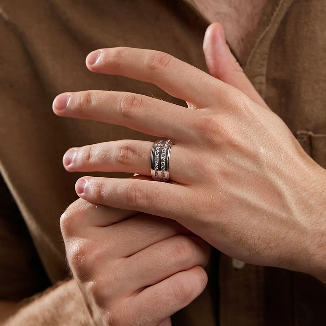 Men’s Double Row Channel Set Round Lab Grown Diamond Wedding Band in Two-Tone Gold
