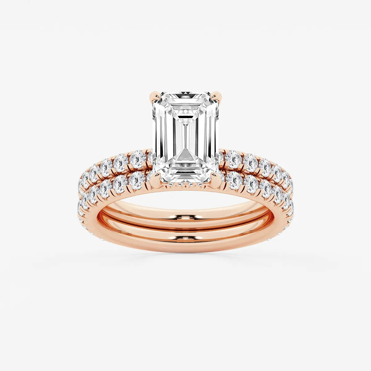 Emerald Cut Lab-Grown Diamond Engagement Ring Set with Pavé Diamond Bands