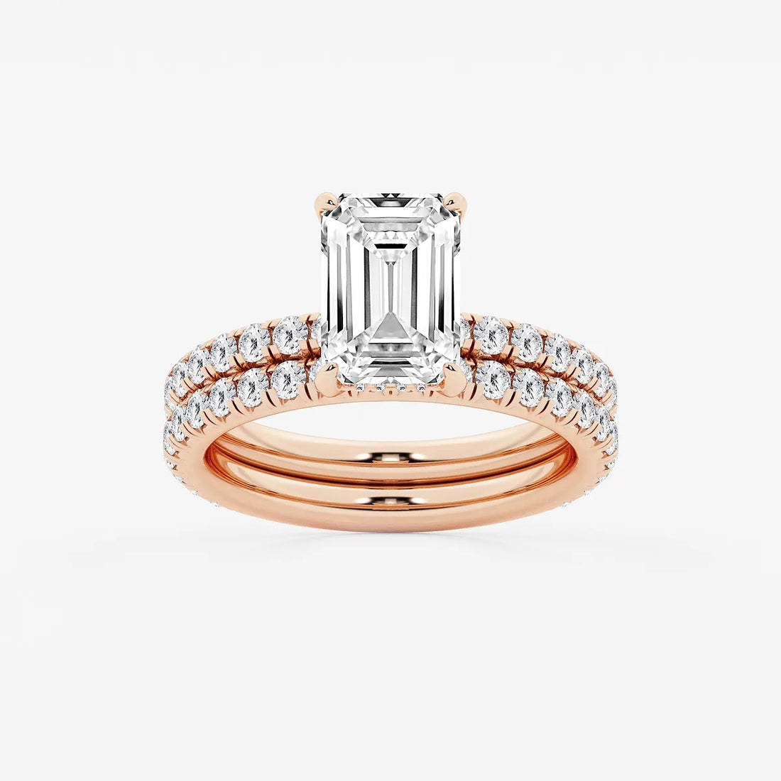 Emerald Cut Lab-Grown Diamond Engagement Ring Set with Pavé Diamond Bands