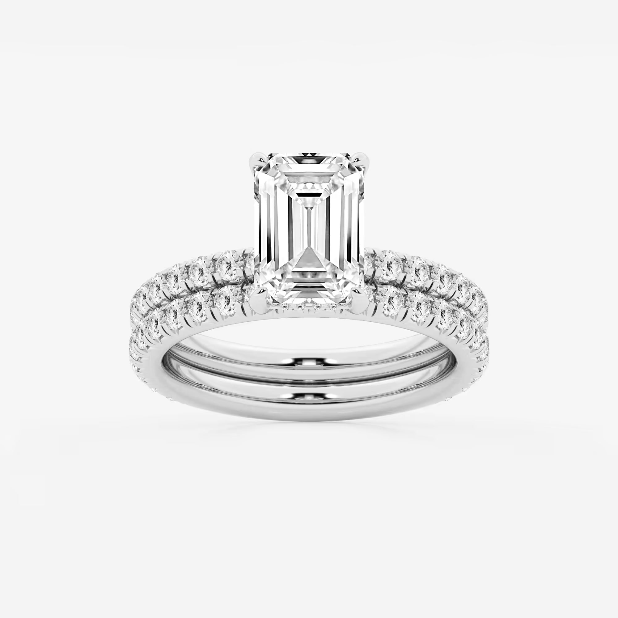 Emerald Cut Lab-Grown Diamond Engagement Ring Set with Pavé Diamond Bands