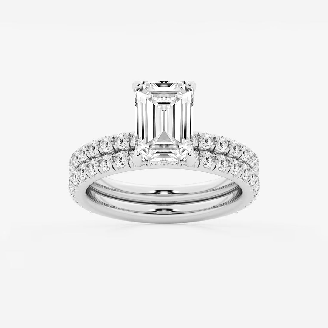 Emerald Cut Lab-Grown Diamond Engagement Ring Set with Pavé Diamond Bands